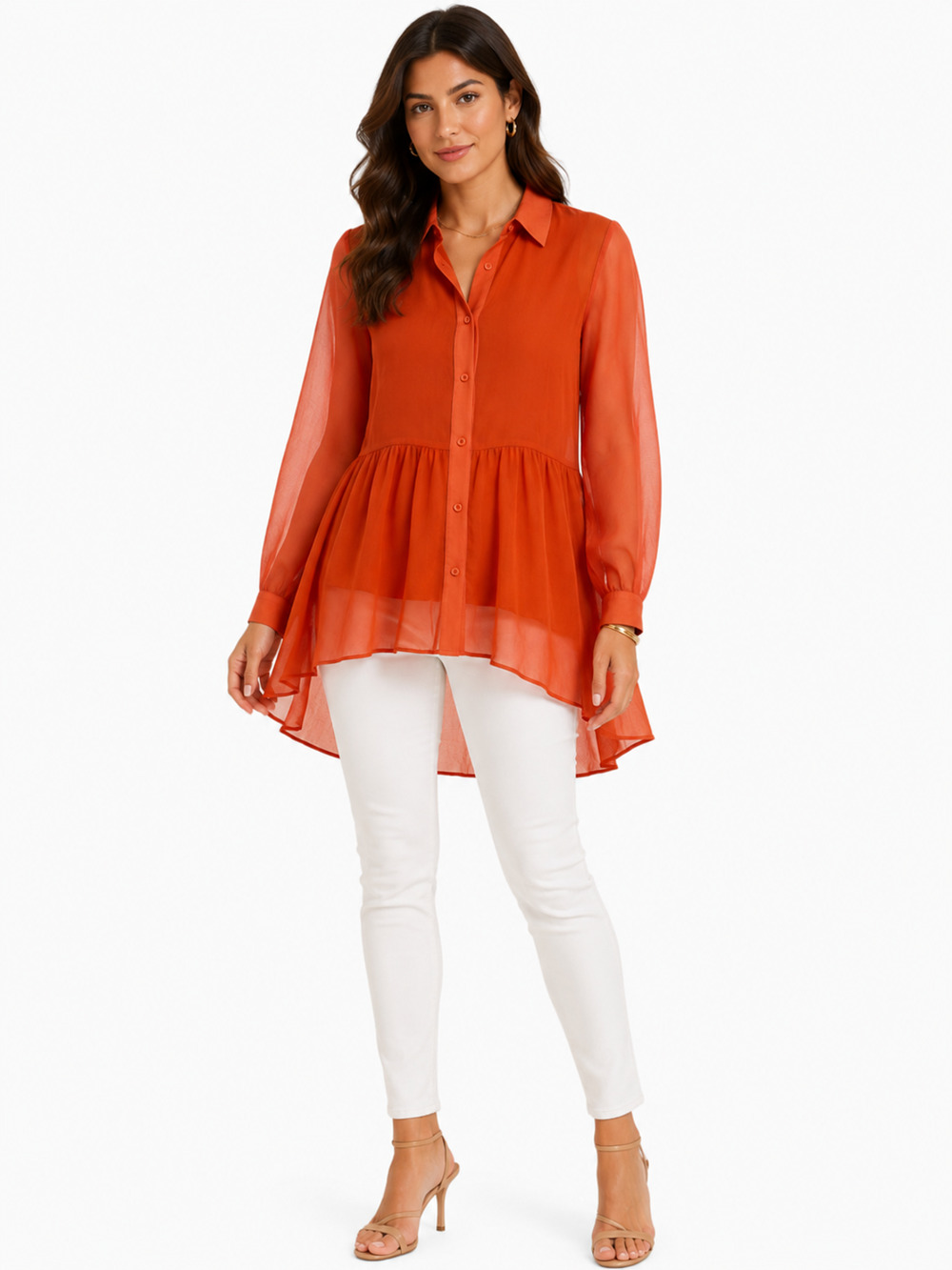 ALICE + OLIVIA SHEER ORANGE SILK BLOUSE WOMENS SIZE L AUTHENTIC DESIGNER TOP
